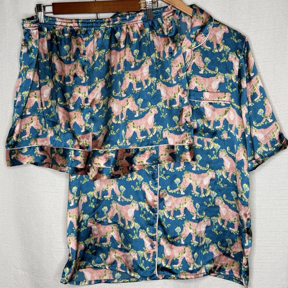 Their‎ Nibs Pajamas XL Blue Pink Cheetah Print Satin Short Sleeve Shorts Comfy